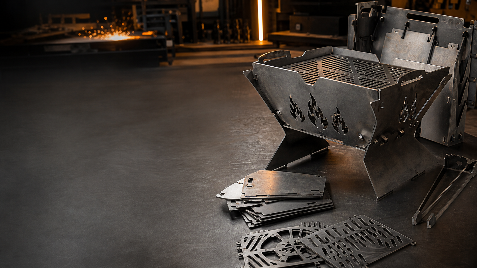 Metal CNC fabrication hero image with laser-cut BBQ and fire pit design parts
